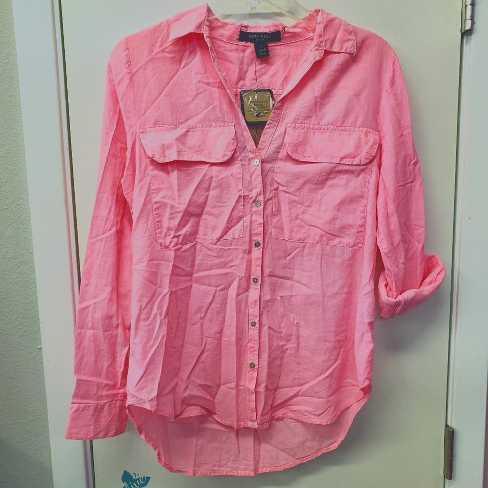 Nine West Bright Pink Cotton Long Sleeve Top
